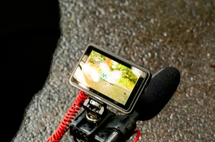 The camera monitor on the rig during a take